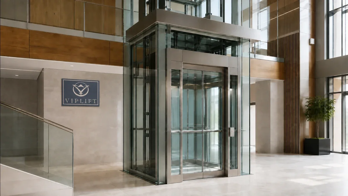Панорамный стеклянный лифт с логотипом VIP Lift на свободной стене