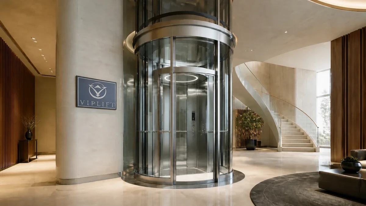 Круглый панорамный стеклянный лифт с логотипом VIP Lift